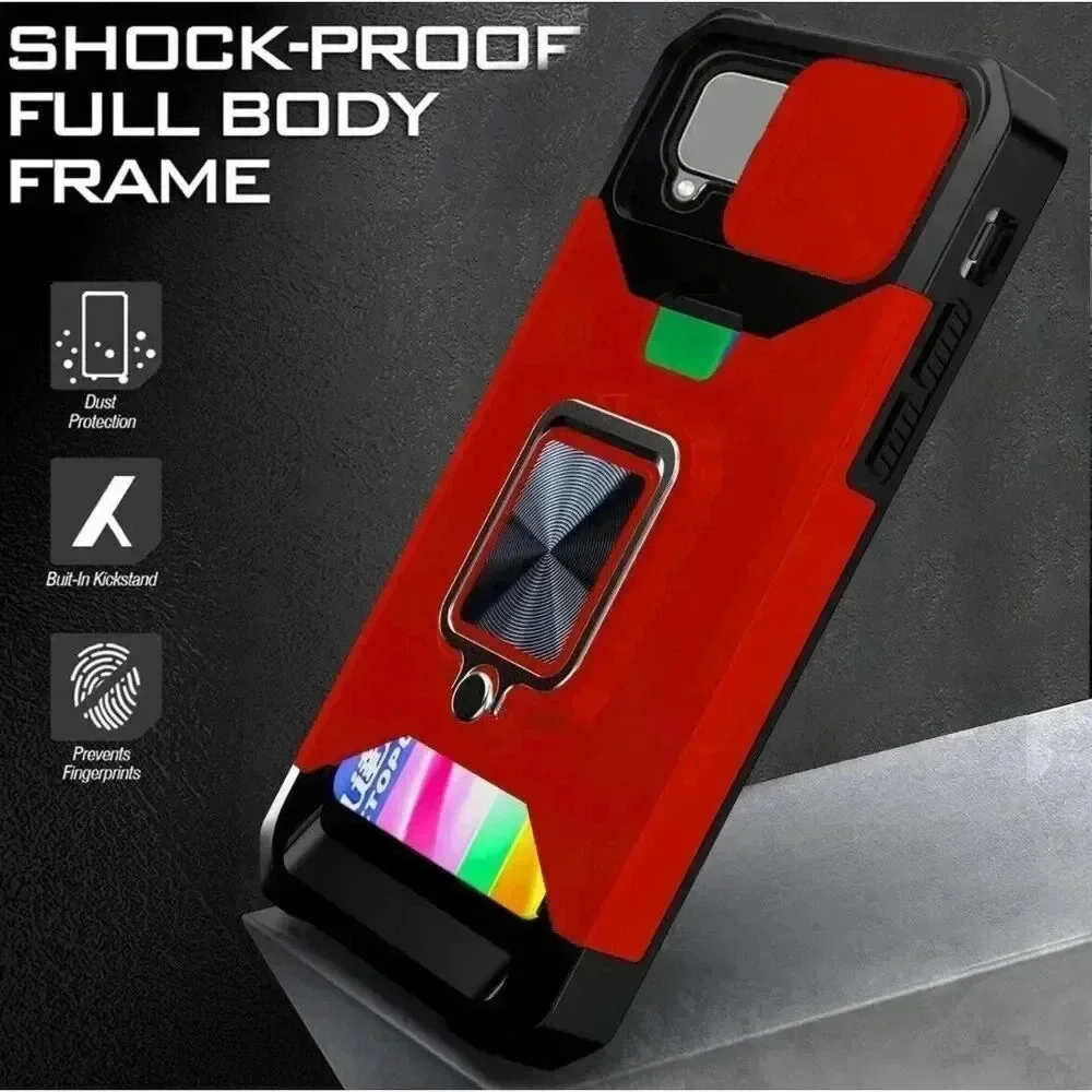 Premium Kick Stand Cardholder Case for Samsung A22 5G Shockproof Black &‎ Red